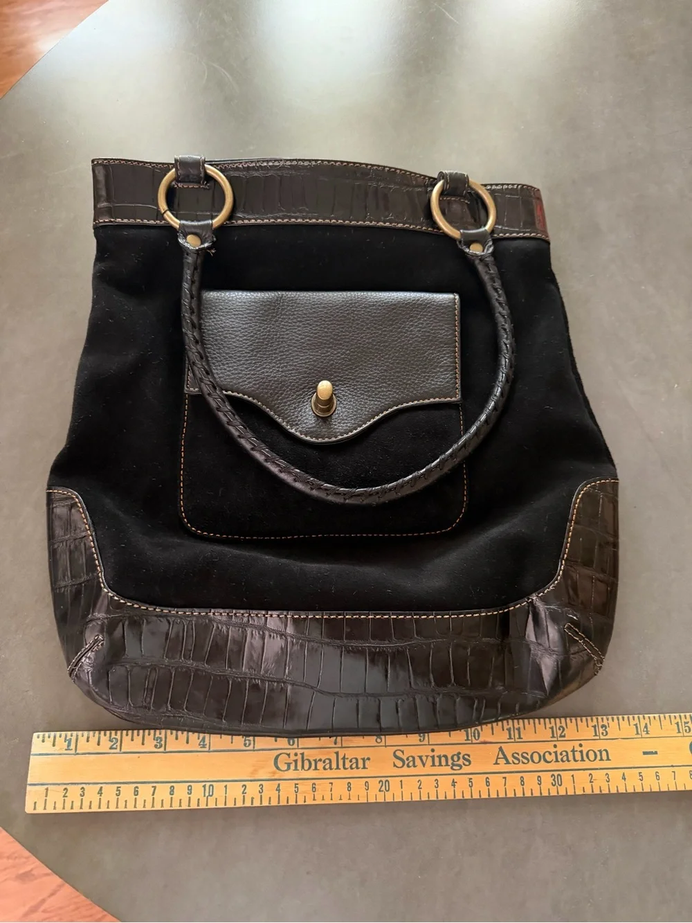 HOBO International Black Suede Croc Embossed Leather Shoulder Tote Bag